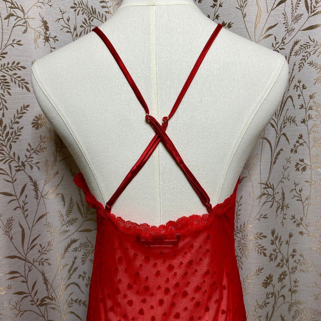 Victorias Secret Red Heart Sheer Mesh Slip Dress Large High Stretch Bodycon Sexy