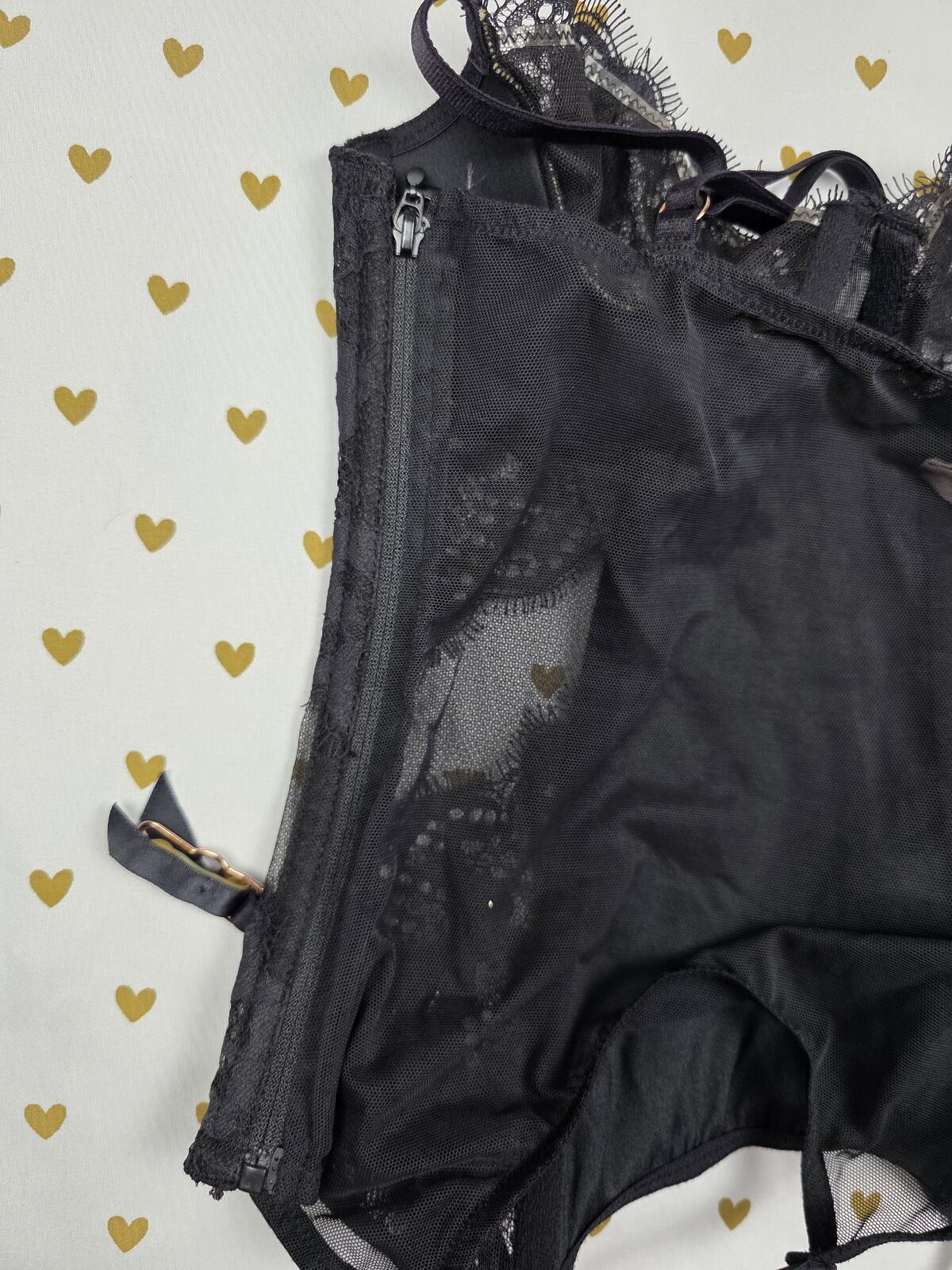 Victorias Secret Black Satin 32B Corset Top Lingerie Garter Straps Underwire