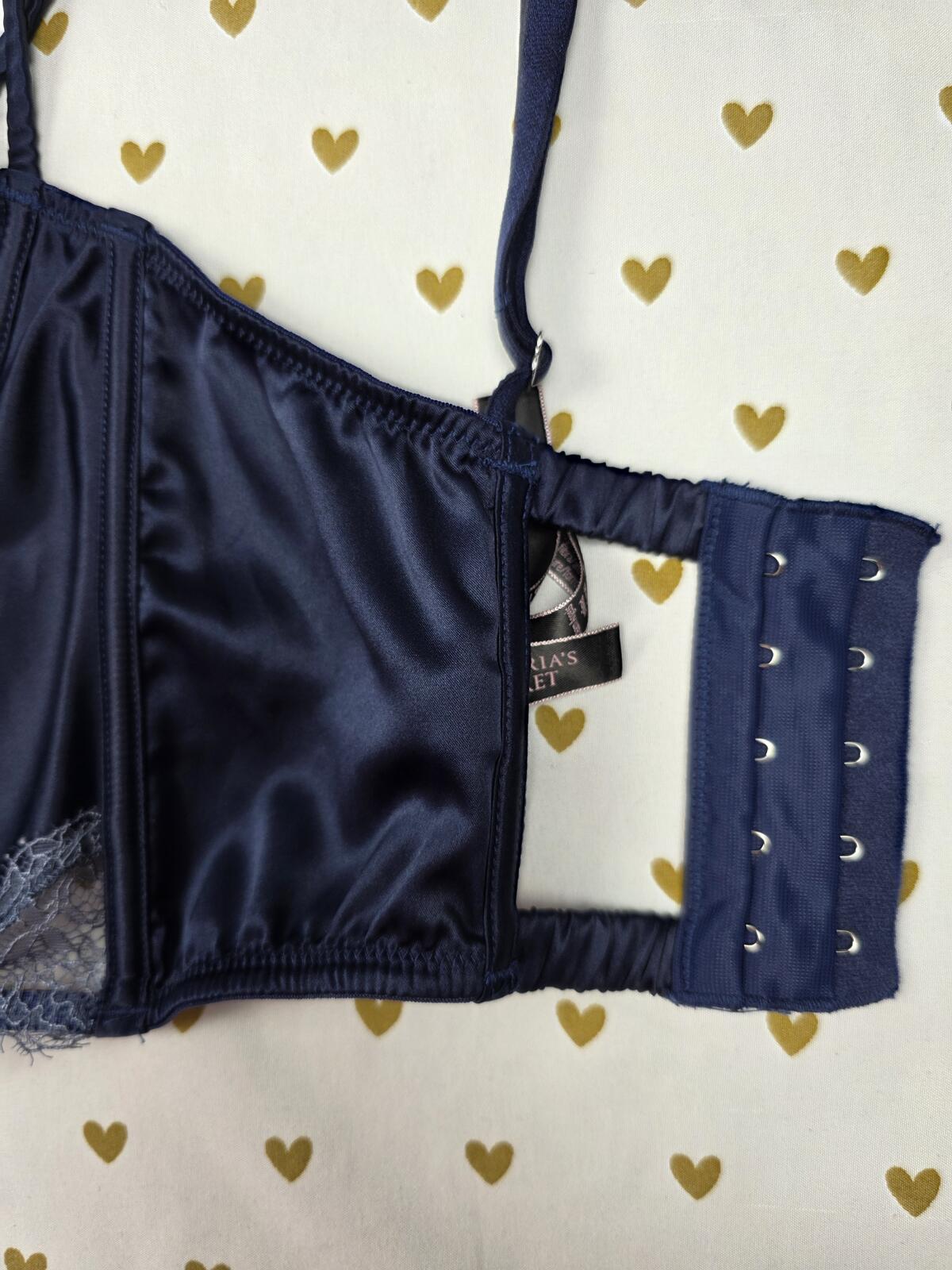 Victorias Secret Blue Satin Bra Top Bustier DREAM ANGELS unlined Balconette 34C