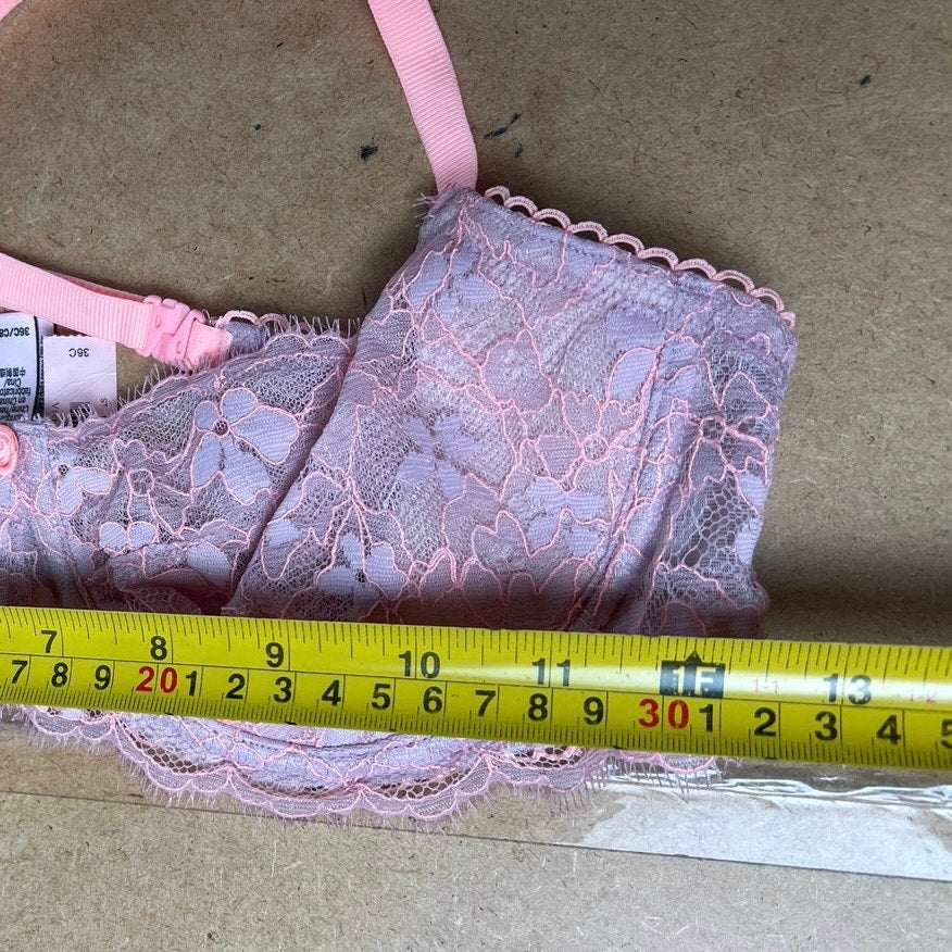 Victoria's Secret Bra Womens 36C Pink Longline Lace Unpadded Floral Underwired