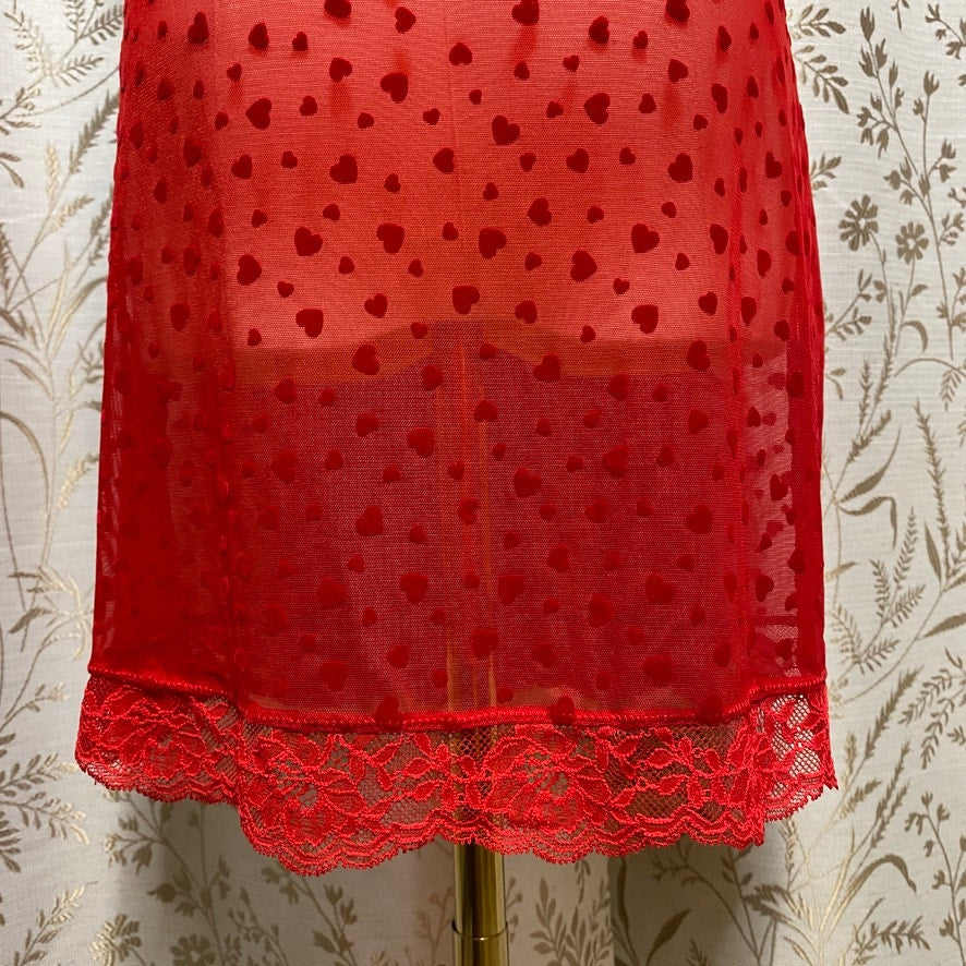 Victorias Secret Red Heart Sheer Mesh Slip Dress Large High Stretch Bodycon Sexy