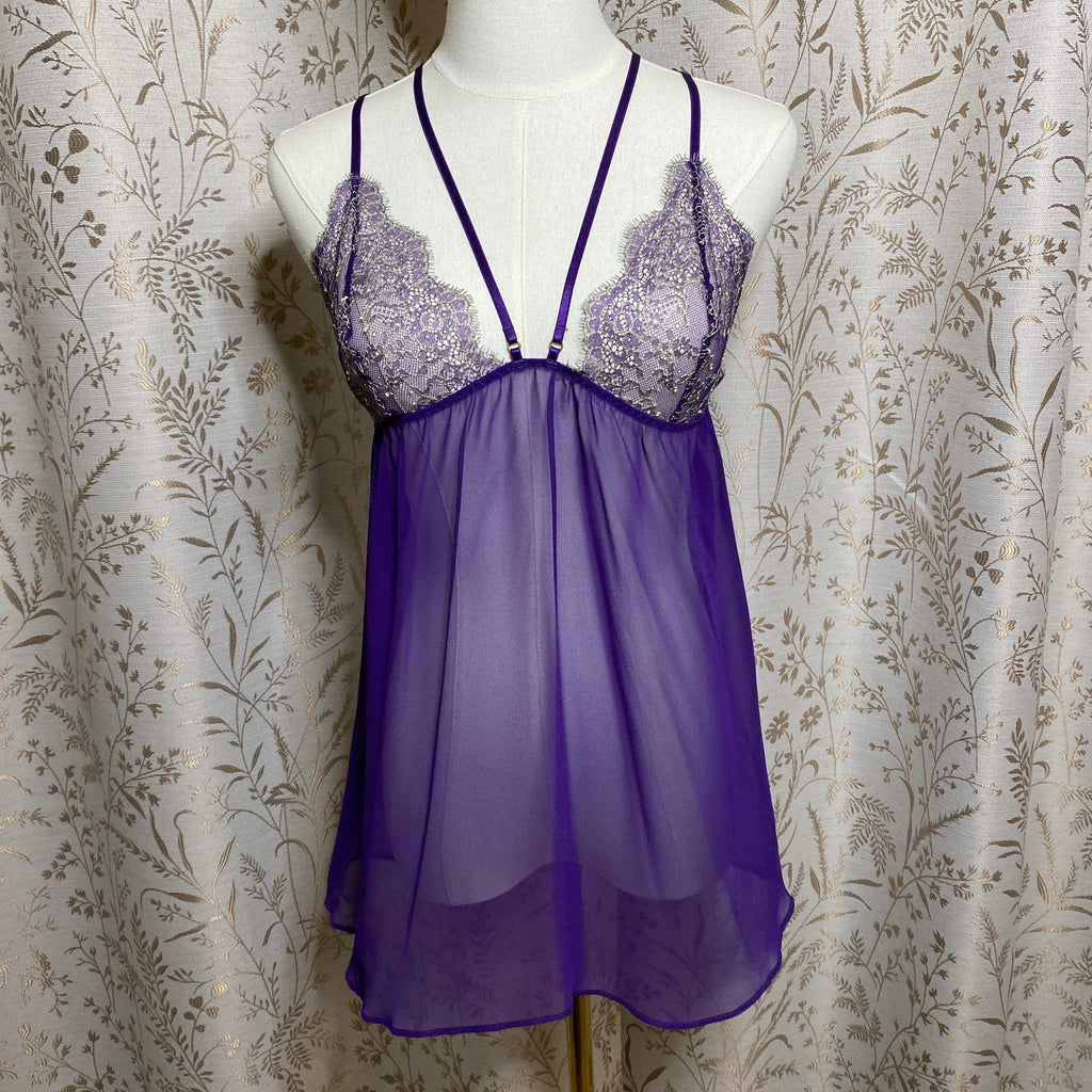 Victorias Secret Purple Chiffon Lace Babydoll Large Cage Back Whimsigoth Regency