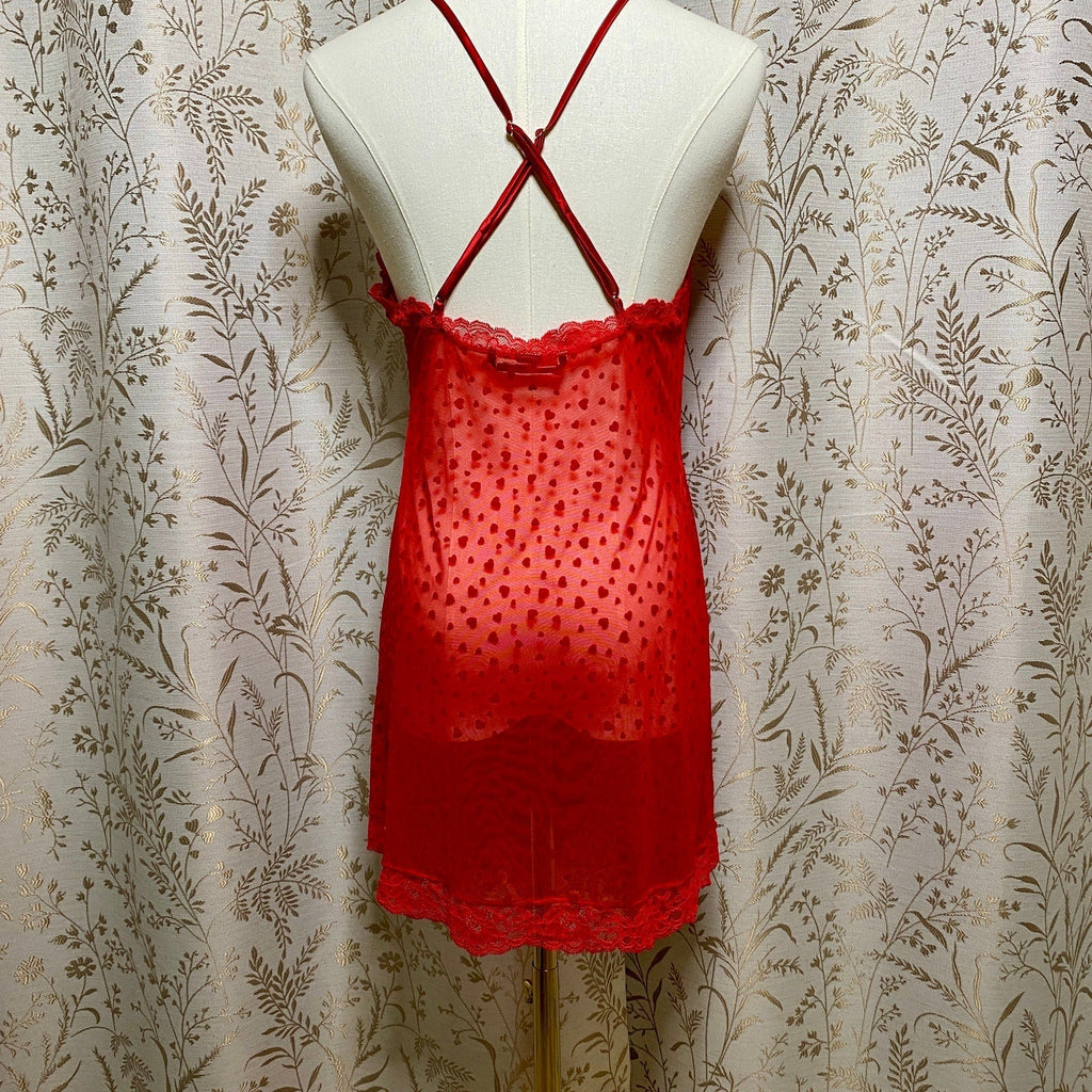 Victorias Secret Red Heart Sheer Mesh Slip Dress Large High Stretch Bodycon Sexy