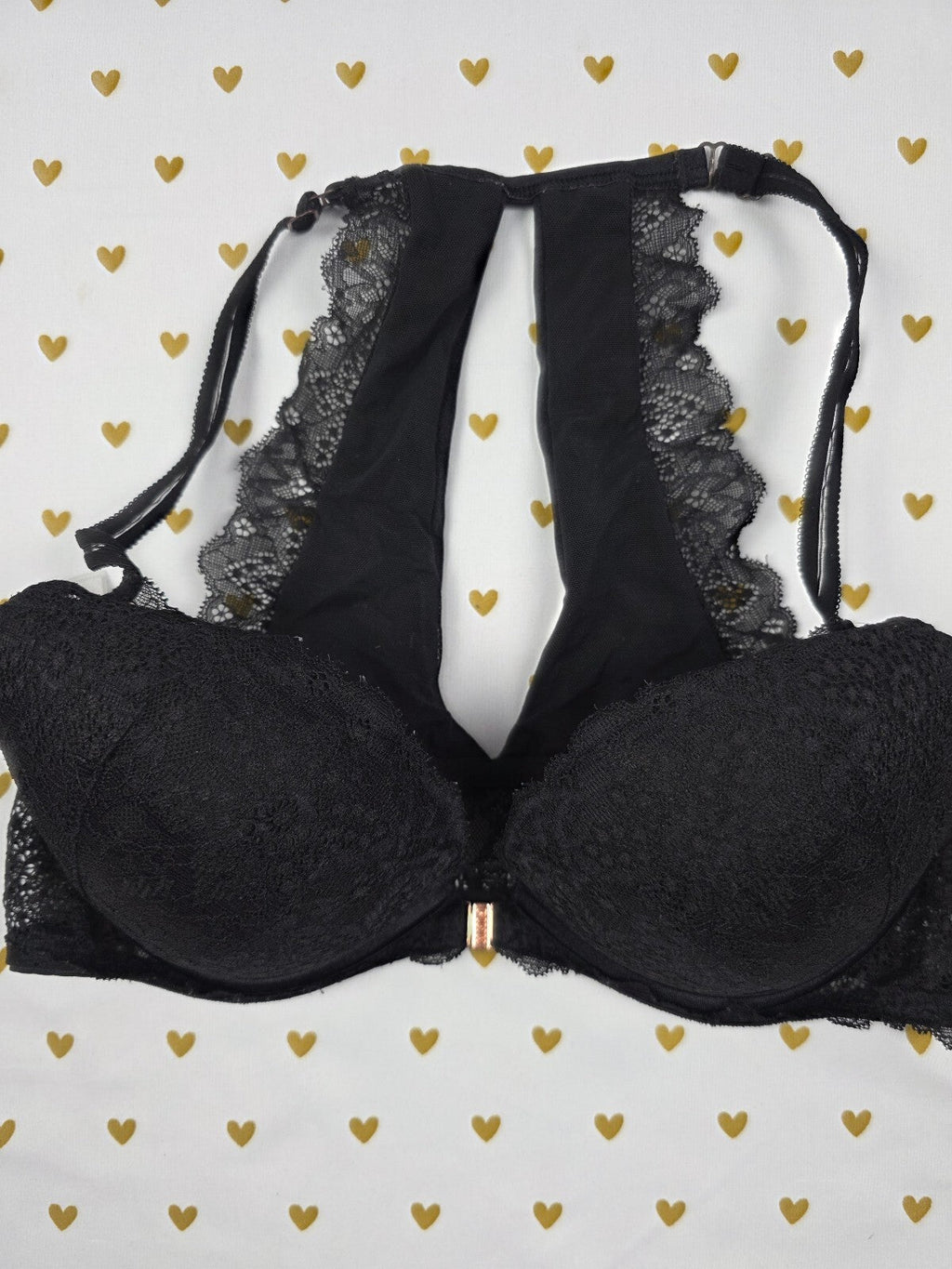 Victorias Secret Black Front Close Racerback Lacey Bra 34D Push Up