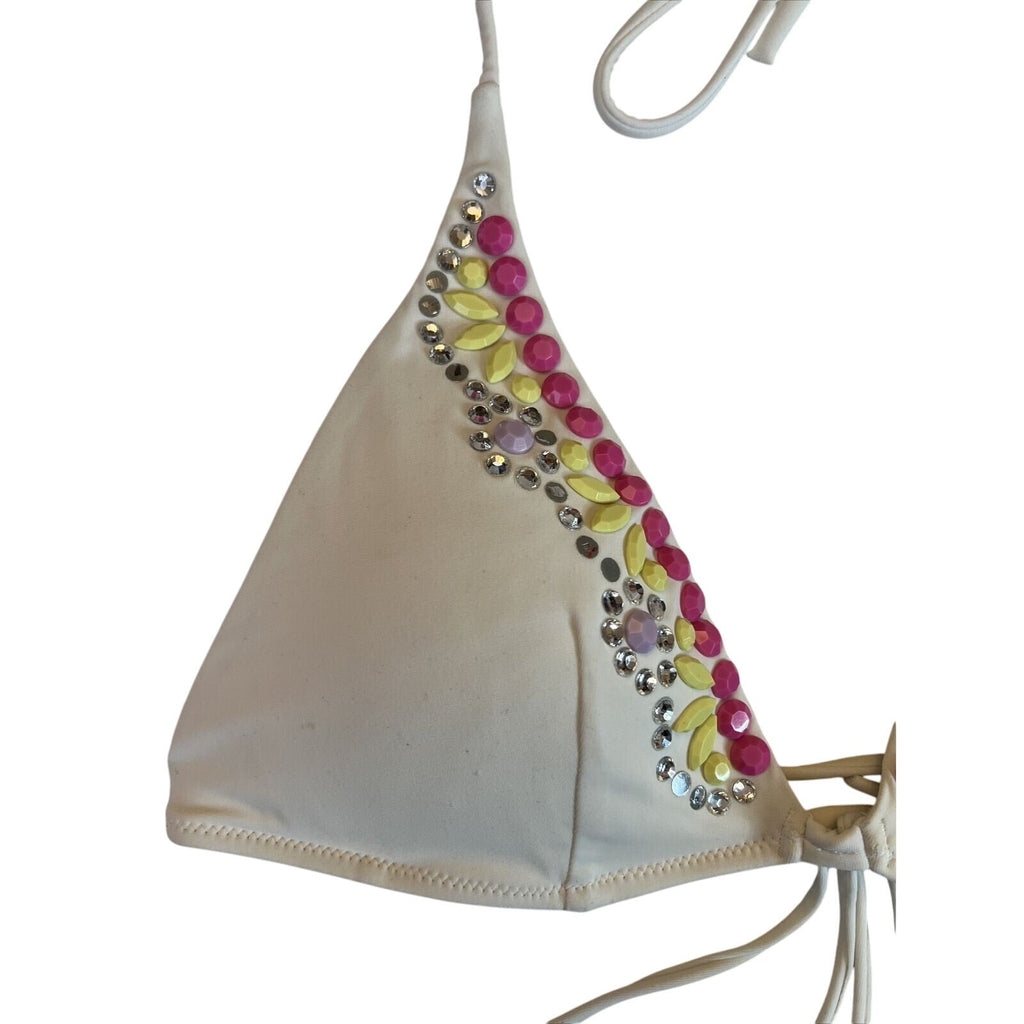 Victoria's Victoria Secret Bikini Halter Top S Small White With Rhinestones EUC